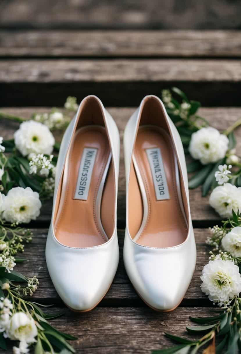 A pair of elegant wedding shoes positioned side by side on a rustic wooden surface, surrounded by delicate white flowers and greenery
