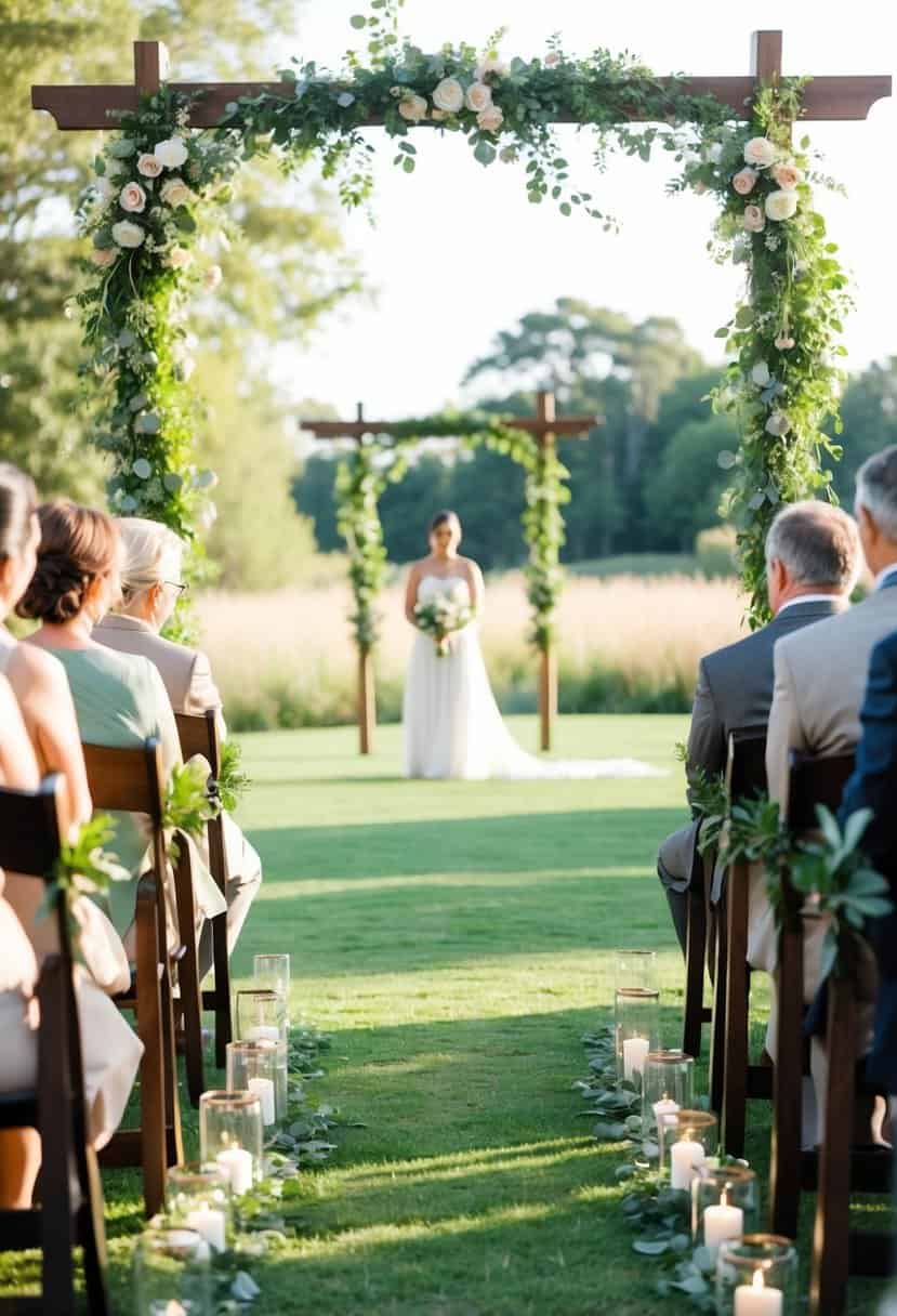A serene outdoor wedding ceremony with sage green and earth tone decorations, surrounded by nature's beauty