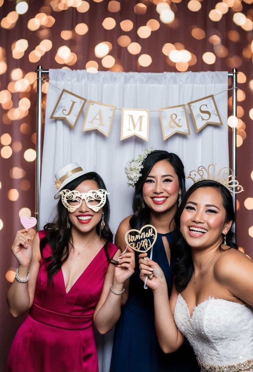 A photo booth adorned with wedding-themed props and backdrops