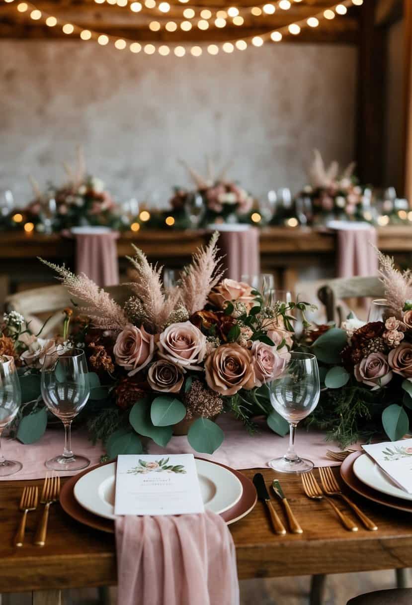 A rustic wedding table adorned with dusty rose and earth tone floral centerpieces and decor
