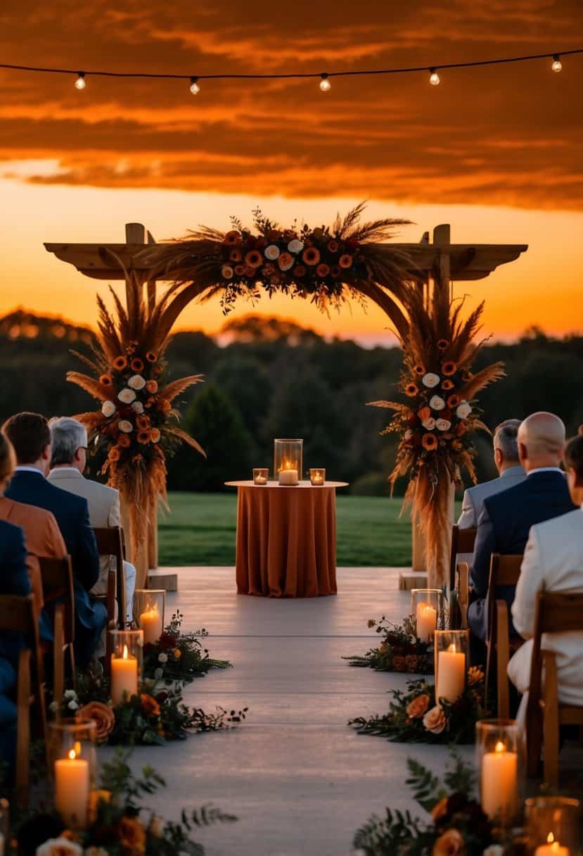 A burnt orange glow illuminates a serene outdoor wedding ceremony, with earthy tones of terracotta, rust, and amber adorning the decor and floral arrangements