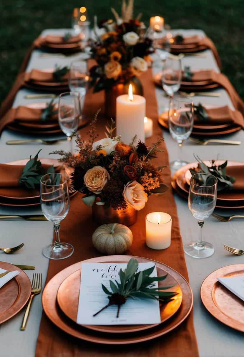 A rustic wedding table set with copper and rust-colored linens, adorned with earthy floral arrangements and warm candlelight