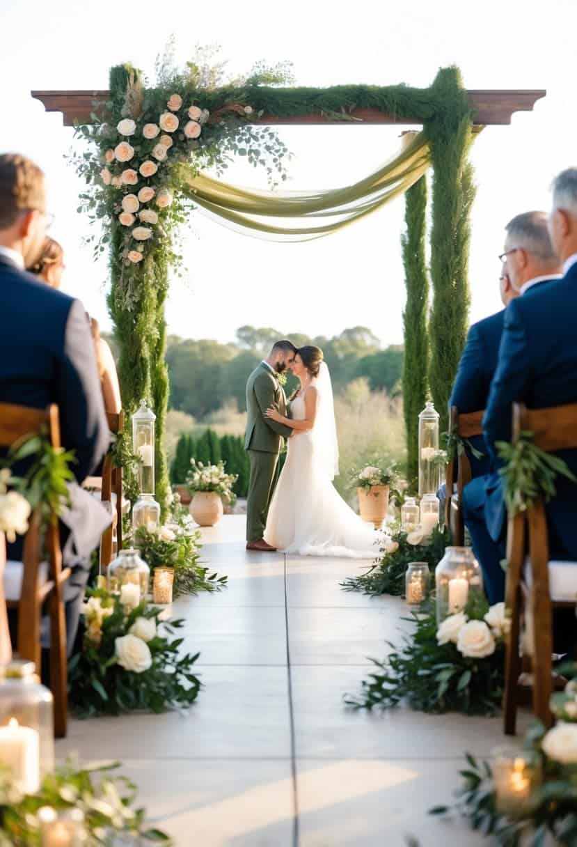 A serene outdoor wedding ceremony with olive green decor, featuring earthy tones and elegant details