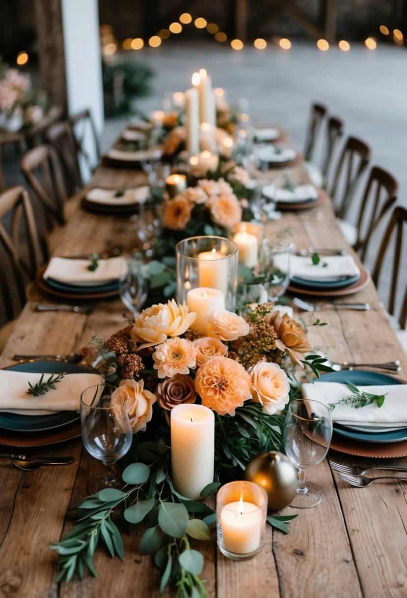 A rustic wedding table adorned with peach and earth tone flowers, surrounded by candles and greenery