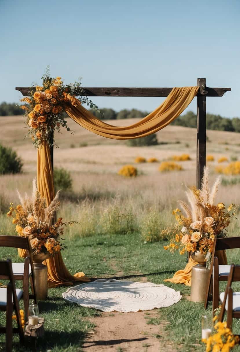 A rustic outdoor wedding with mustard gold accents: a sunlit meadow with earthy tones, a wooden arch draped in flowing fabric, and golden floral arrangements
