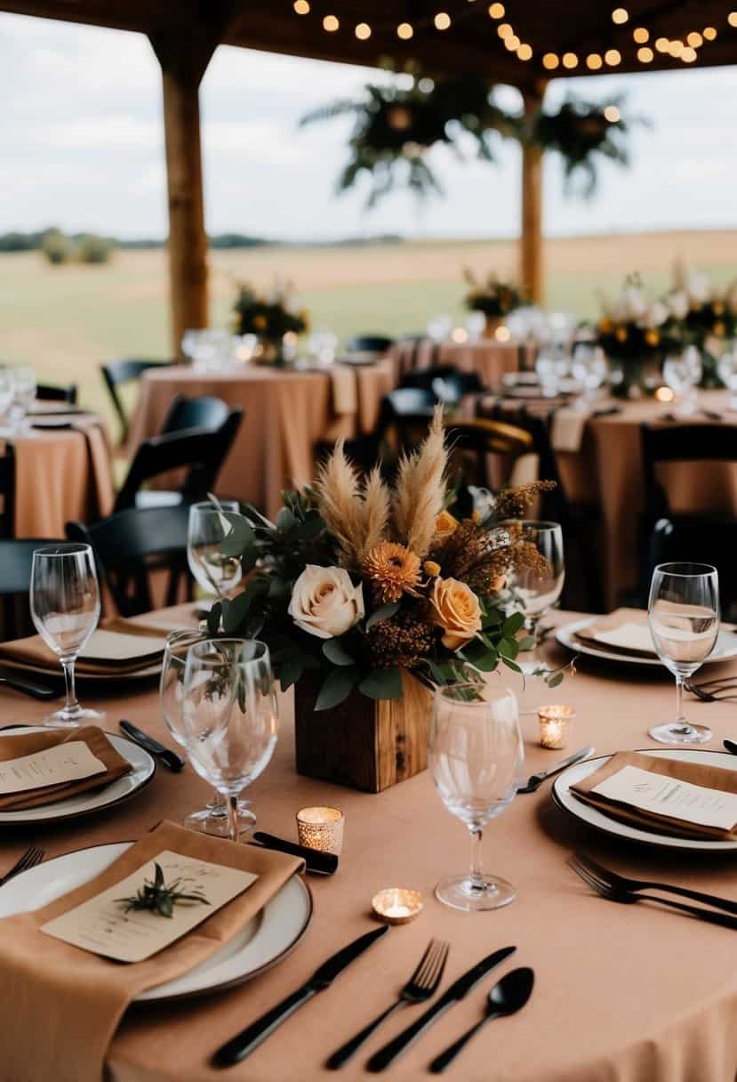 A rustic wedding table set with clay beige linens, earthy floral centerpieces, and wooden accents