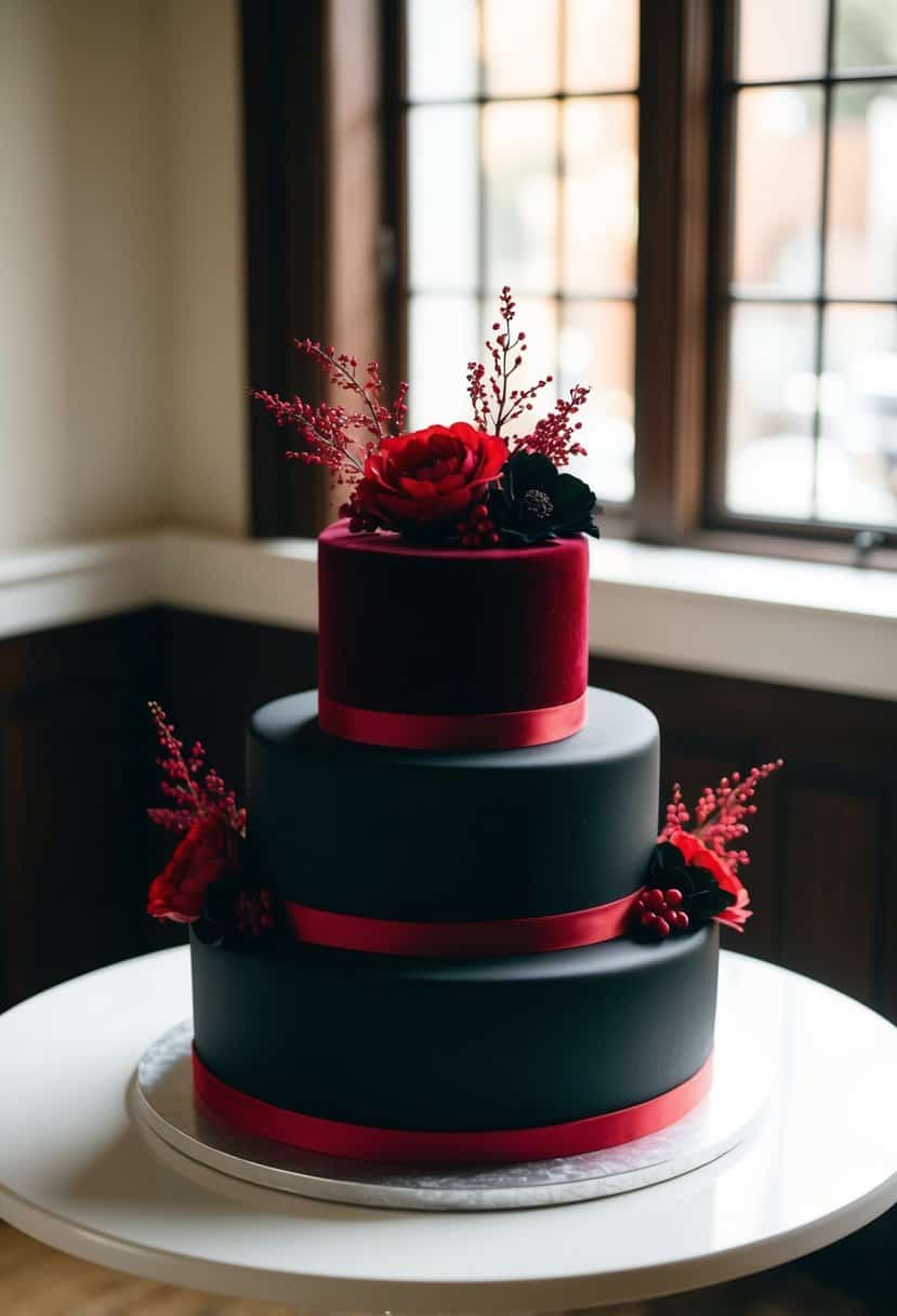 A three-tiered red and black velvet cake sits on a white table, adorned with delicate red and black floral decorations