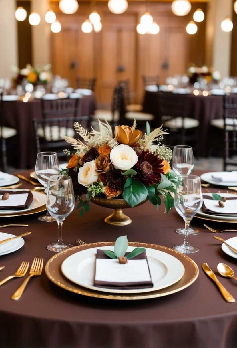 A rich chocolate brown wedding table setting with earth tone floral centerpieces and elegant gold accents