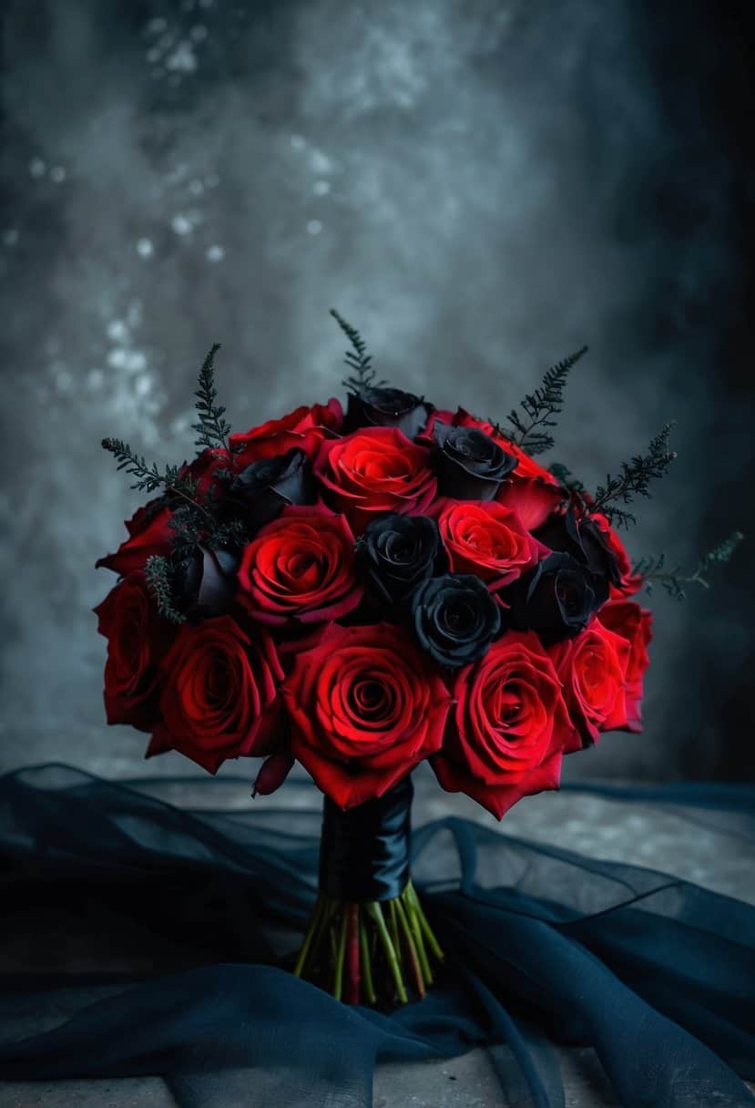 A dark, gothic red rose bouquet with touches of black, set against a moody backdrop, evoking a dramatic and romantic wedding color scheme