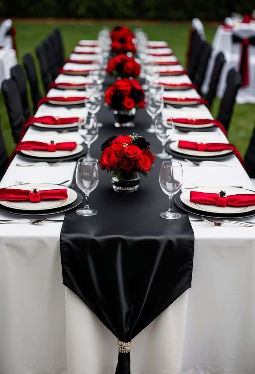 A satin black table runner adorned with red and black wedding decor