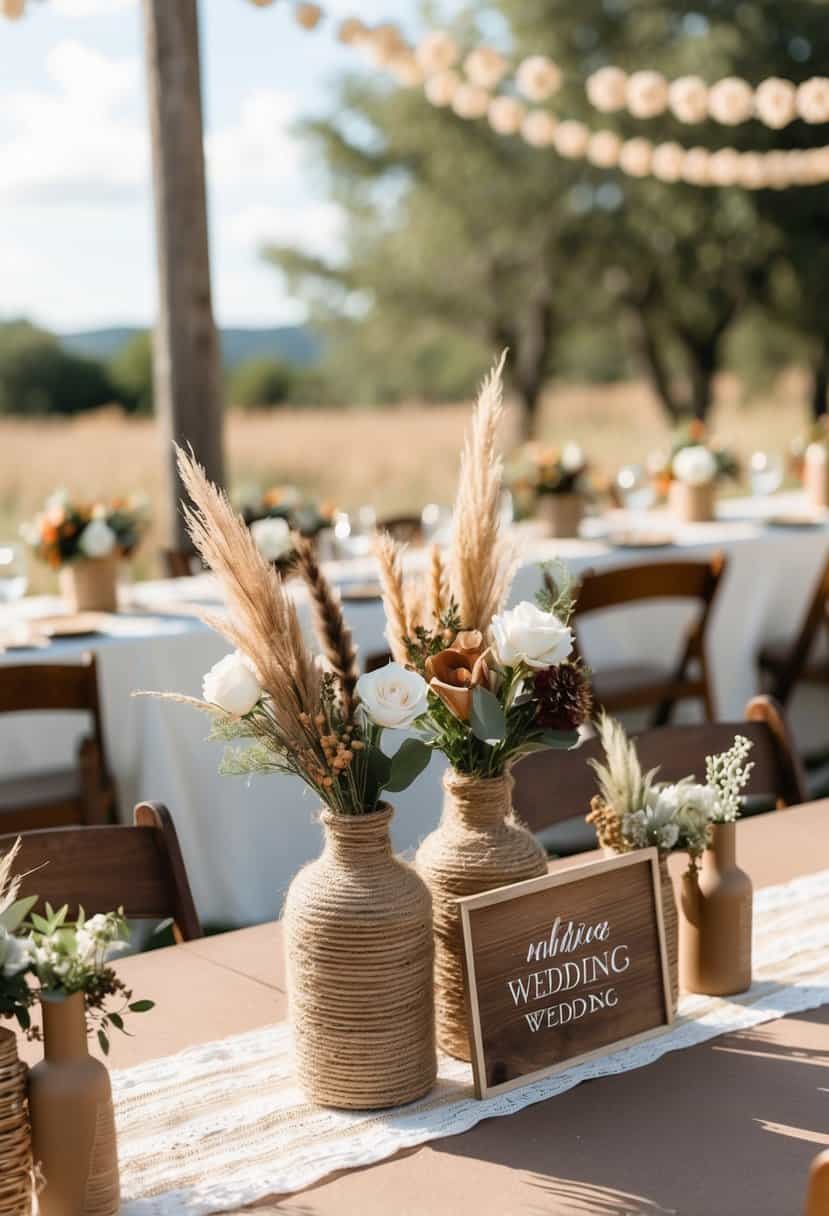A rustic outdoor wedding with taupe and tan decor, including twine-wrapped vases, wooden signage, and earthy floral arrangements