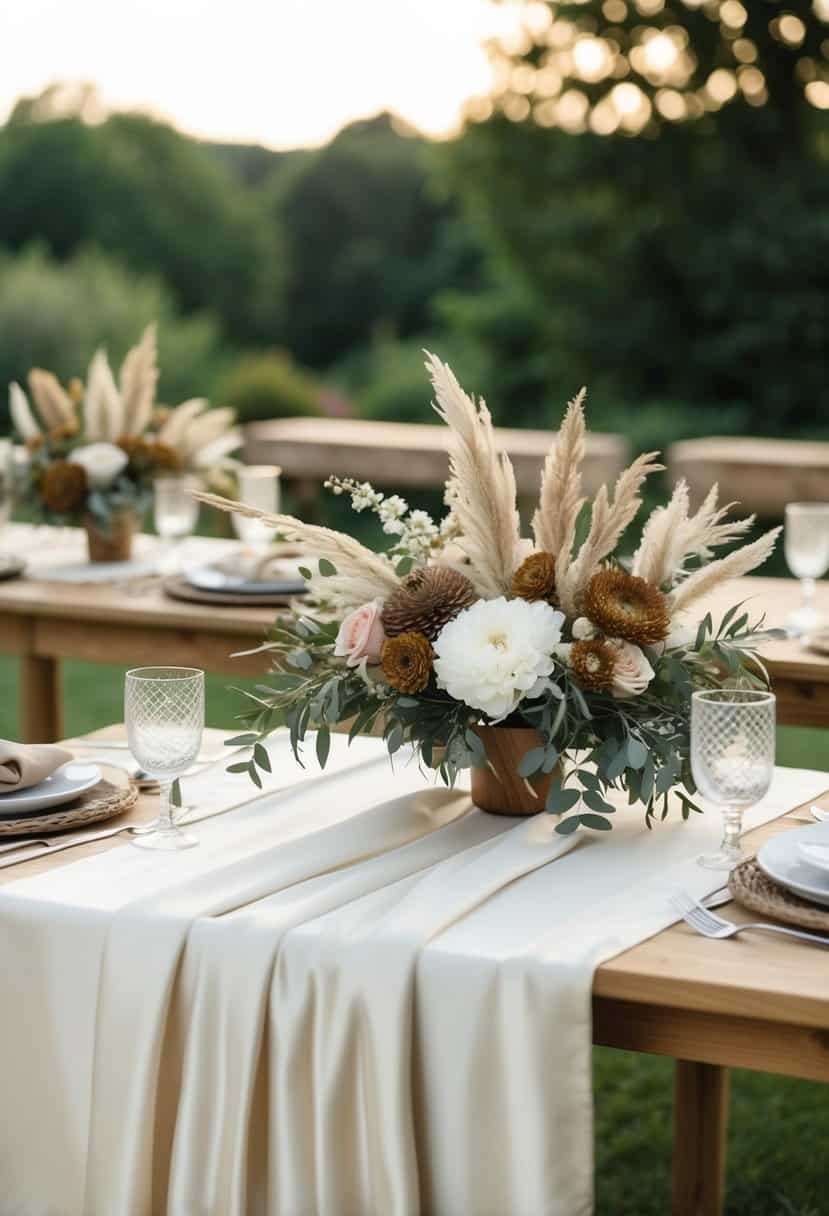 A serene outdoor wedding setting with ivory silk linens, earth-toned floral arrangements, and natural wood accents
