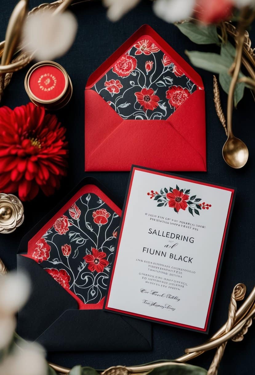 A red and black wedding invitation suite with elegant floral patterns and sophisticated design elements