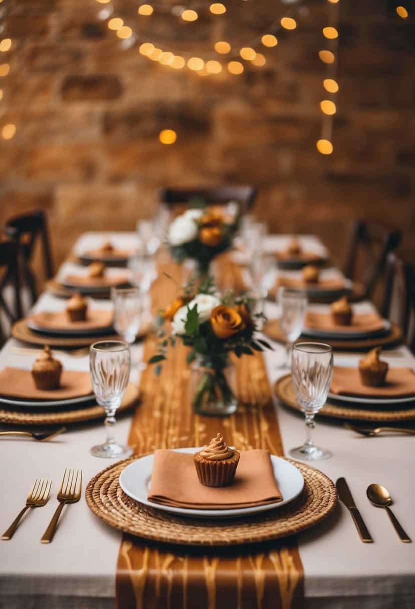 A warm, earthy palette of caramel drizzle tones adorns a wedding table set with rustic decor and elegant place settings