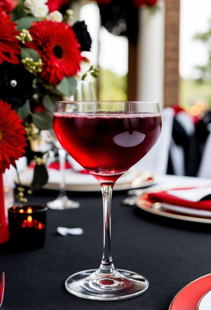A red wine cocktail on a black table, surrounded by elegant red and black wedding decor