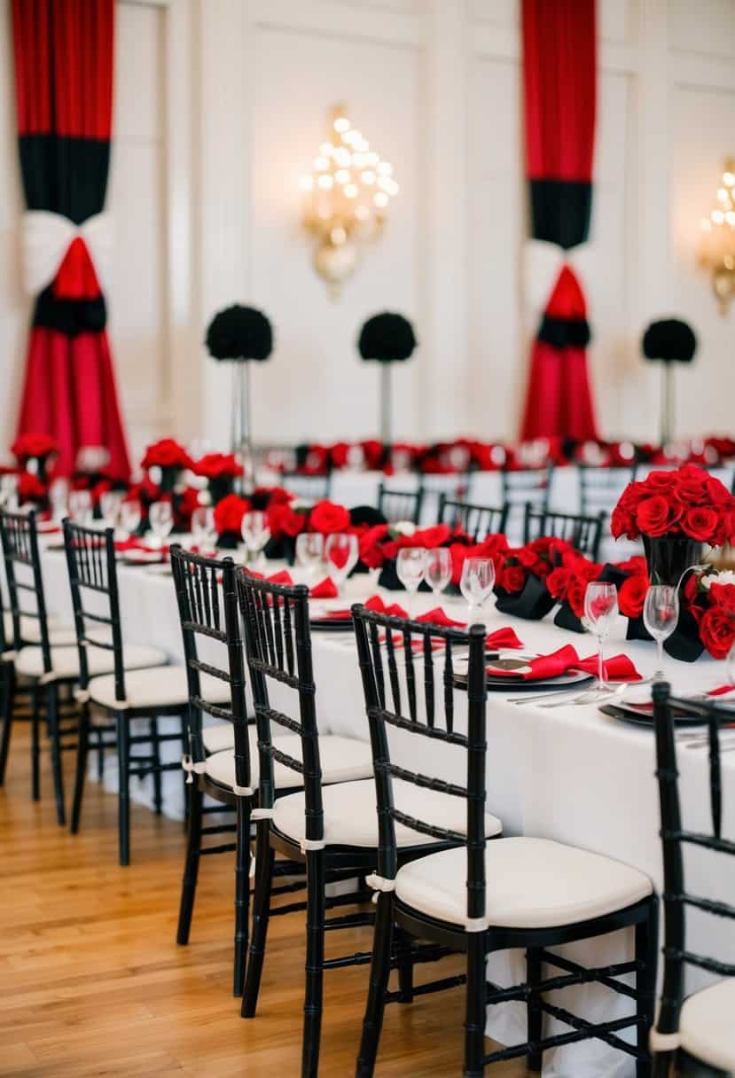 A grand hall filled with elegant black Chiavari chairs, adorned with red and black wedding decor, creating a sophisticated and romantic atmosphere