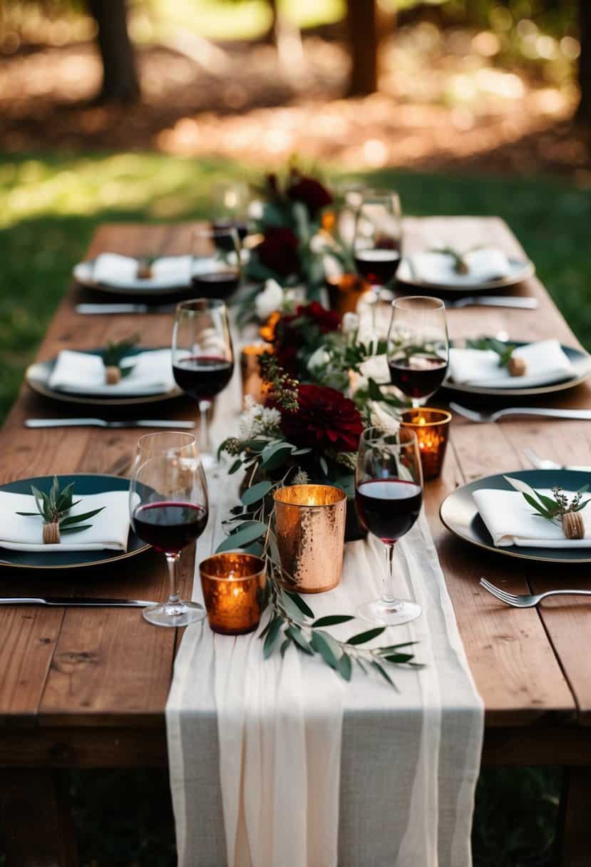 A rustic wedding table set with deep red wine and earthy tones