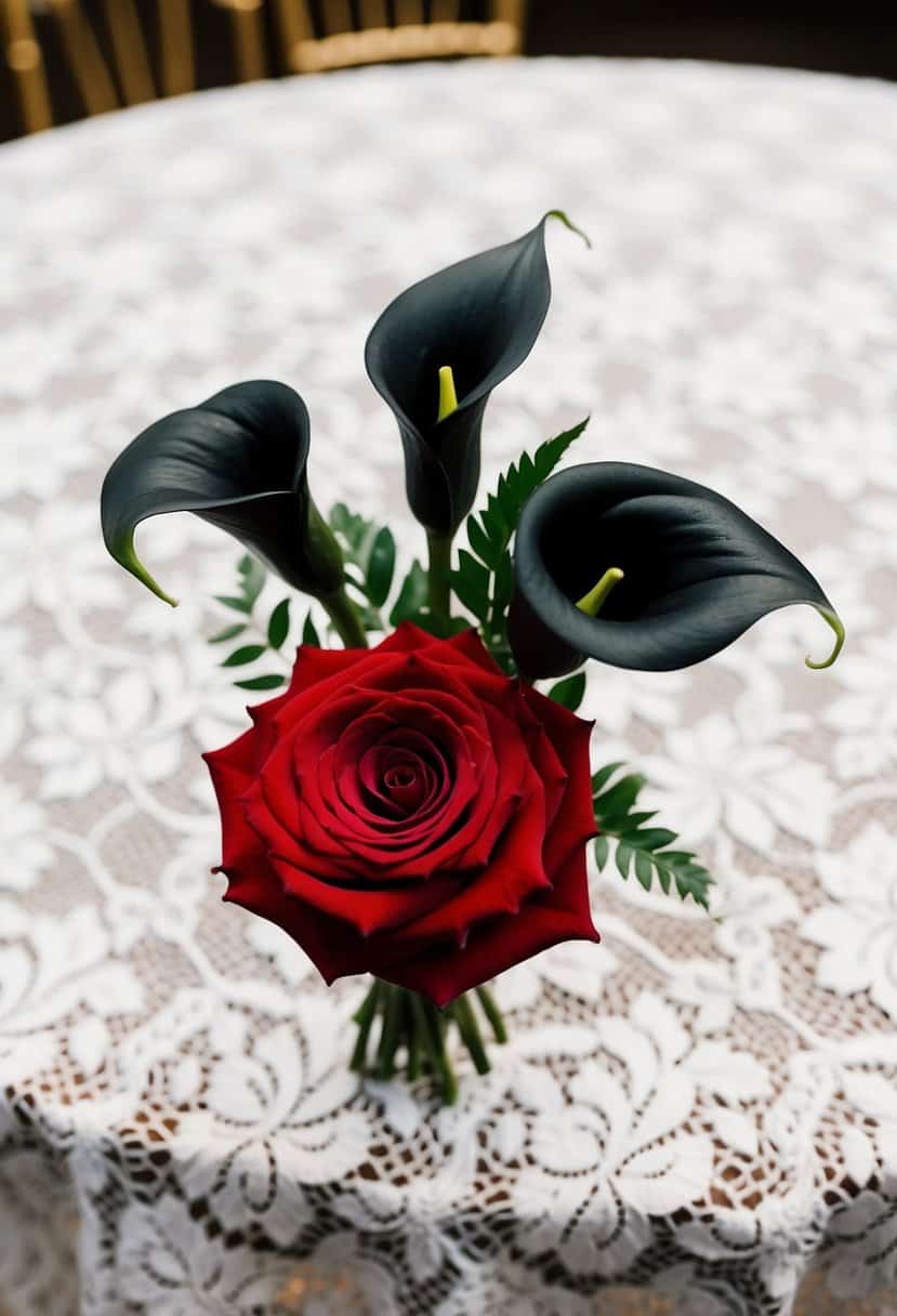 A red rose and black calla lily boutonnières against a white lace tablecloth