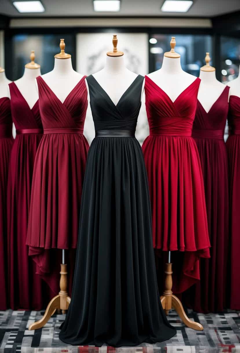 A group of bridesmaid dresses in shades of scarlet and black, arranged in an elegant display