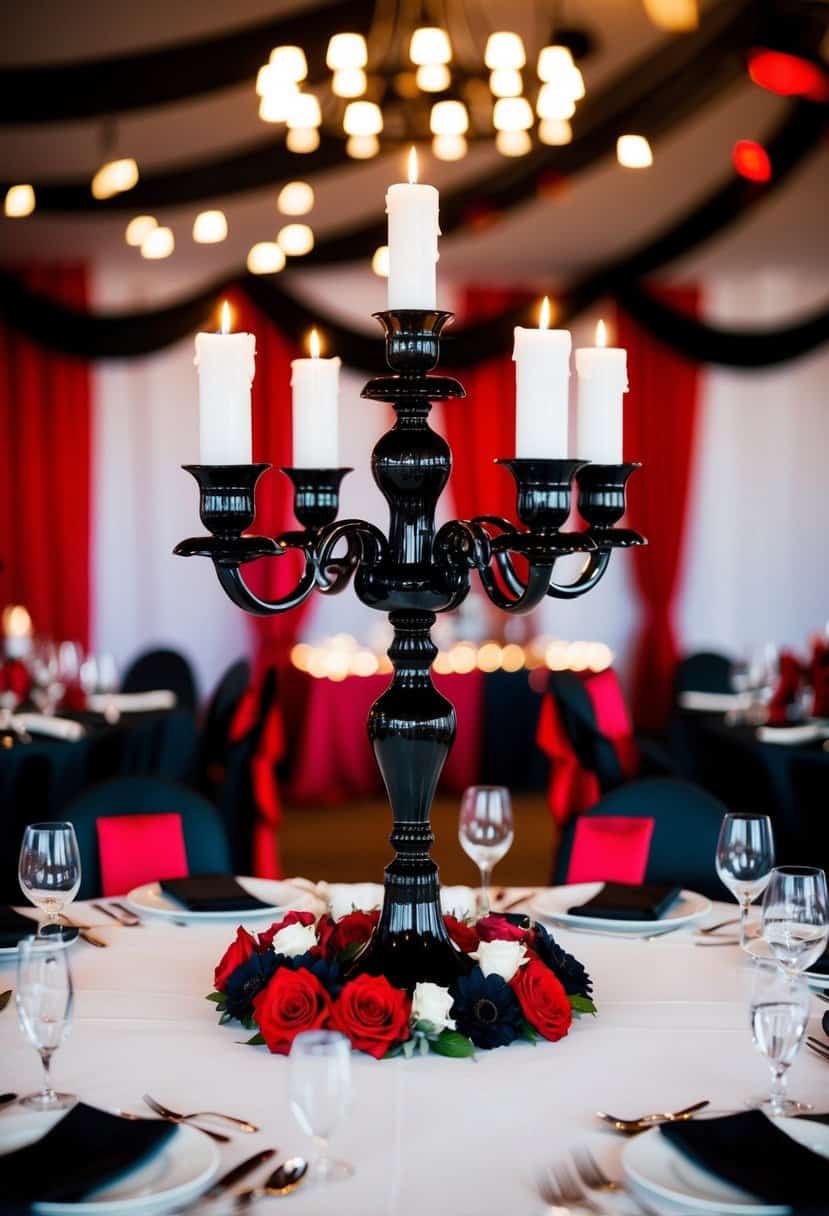 A black candelabra centerpiece surrounded by red and black wedding decor