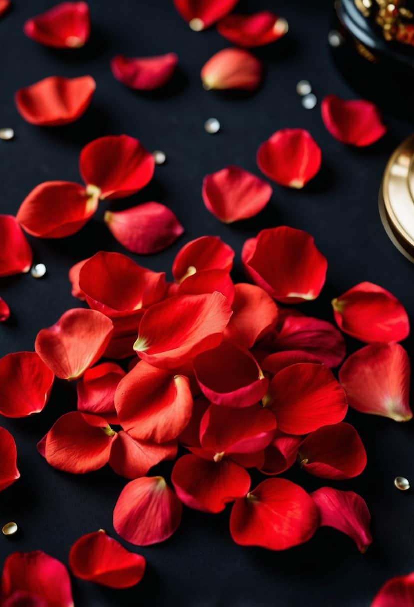 Vibrant red silk flower petals scattered among black wedding decor