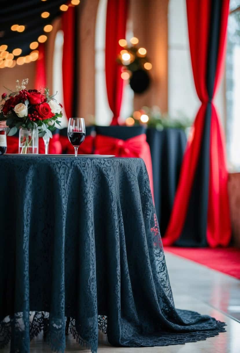 A black lace tablecloth draped over a table with red and black wedding decor