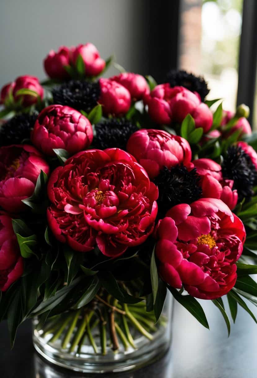 A lush arrangement of deep red peonies with black accents