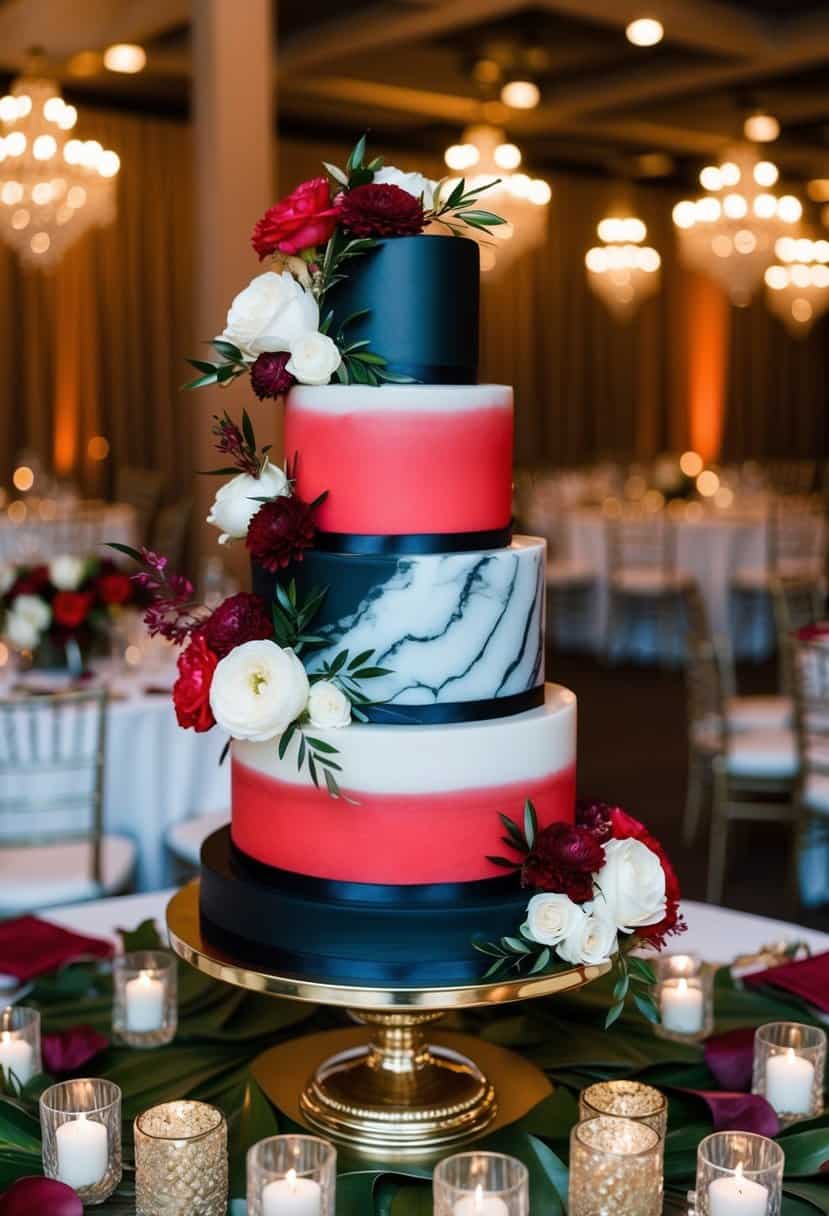 A red and black wedding cake stand with onyx details, adorned with elegant floral arrangements and surrounded by matching decor