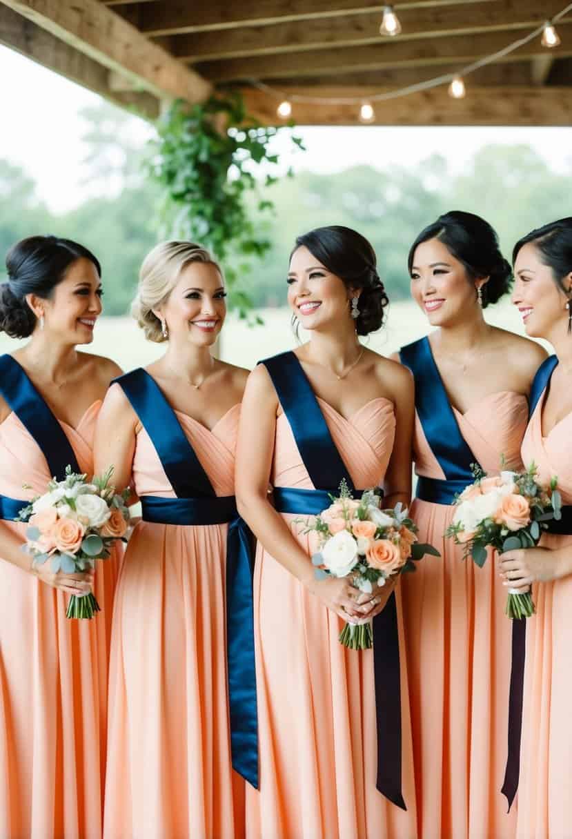 Peach bridesmaid dresses with navy sashes in a wedding setting