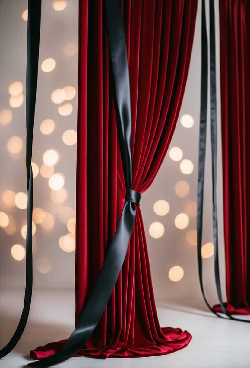 Rich red velvet drapes cascading down, intertwined with sleek black satin ribbons, creating a luxurious and dramatic backdrop for a wedding setting