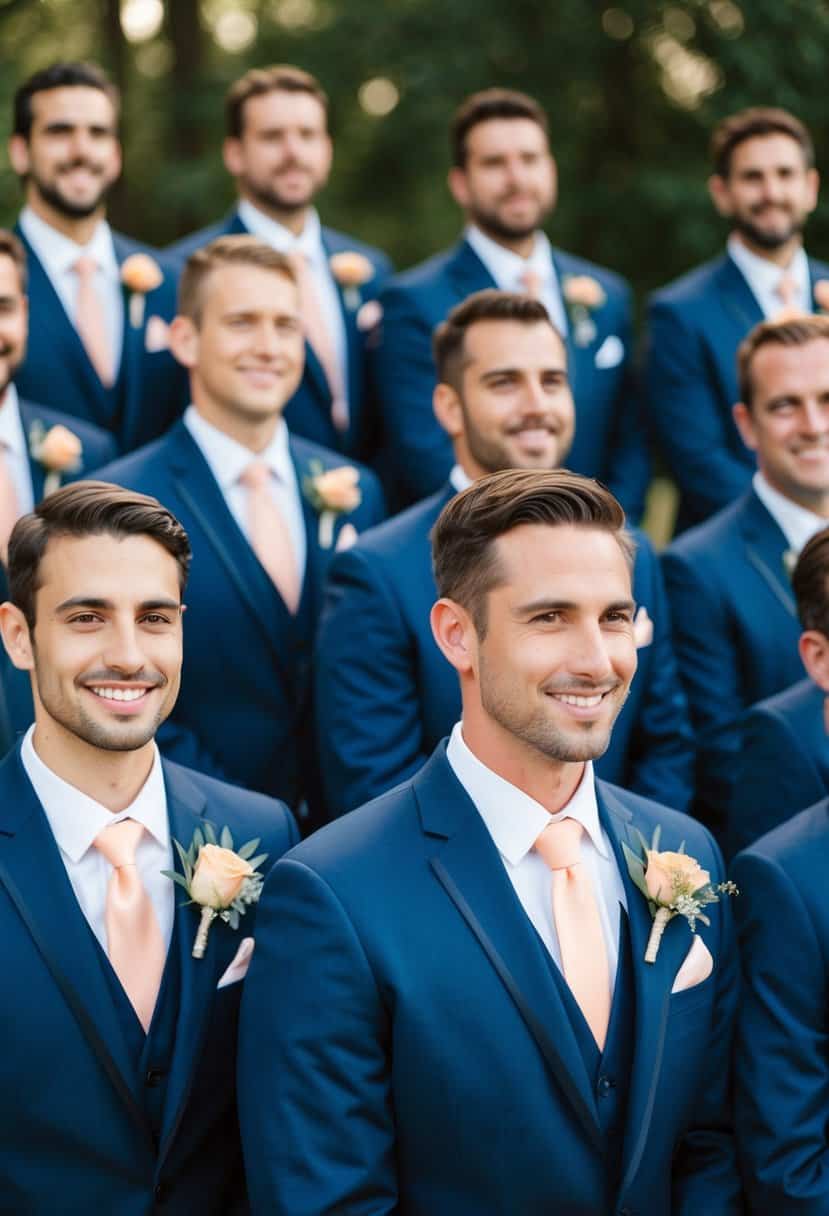 A group of navy blue suits adorned with peach boutonnières arranged in a stylish wedding setting