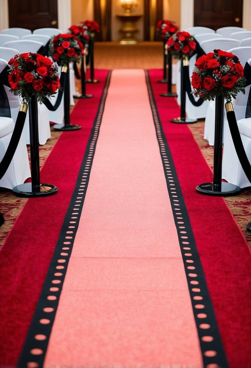 A red carpet aisle runner stretches down the center of a room, bordered by black velvet ropes and adorned with red and black floral arrangements
