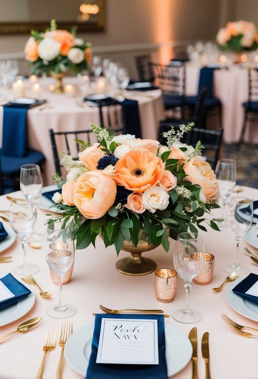 Peach and navy floral centerpieces arranged on a wedding reception table