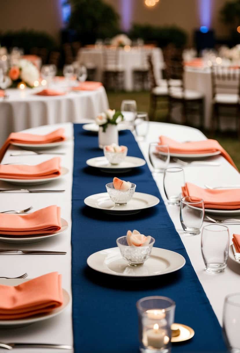 Navy table runners with peach napkins arranged on a wedding reception table