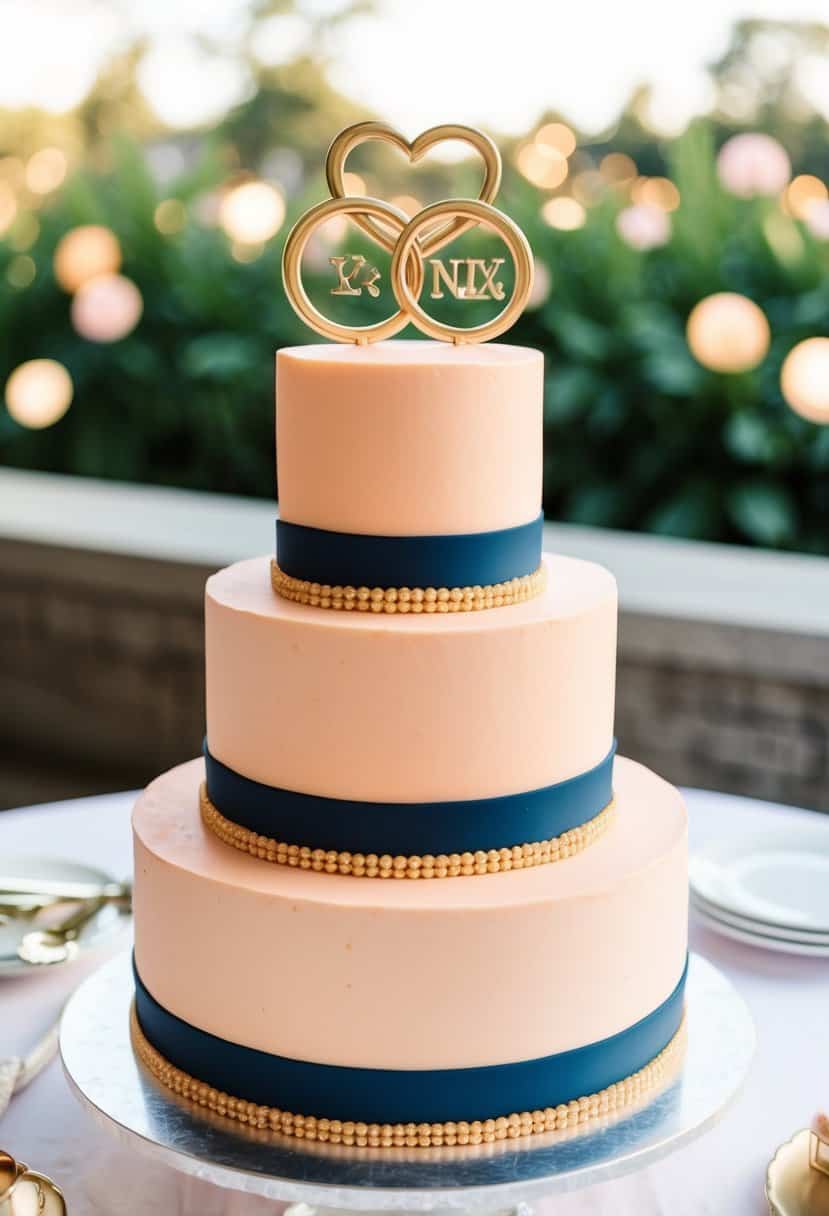 A three-tiered wedding cake in peach and navy with gold accents