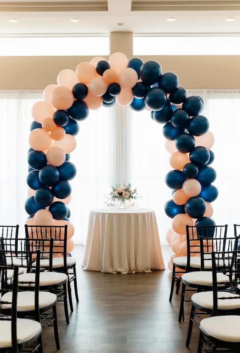 A wedding venue adorned with a balloon arch in shades of navy and peach, creating a romantic and elegant atmosphere