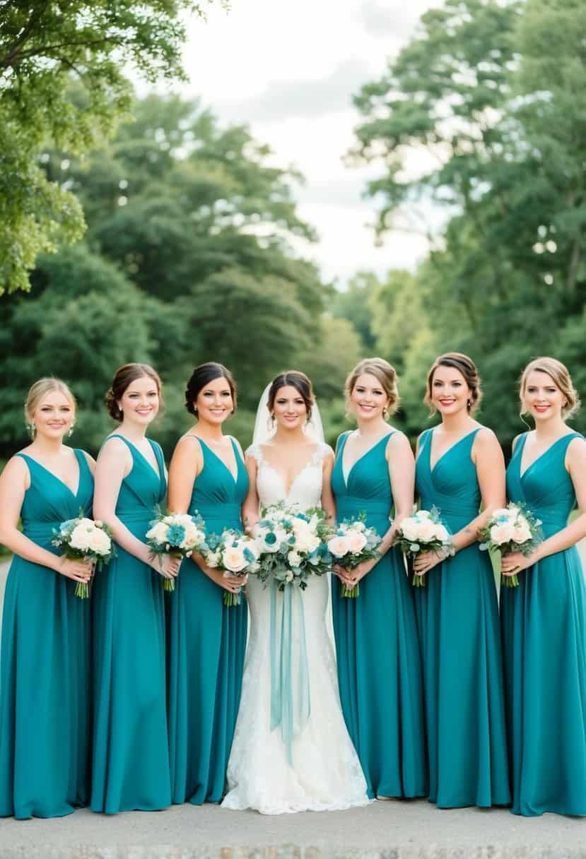 A group of teal blue bridesmaid dresses arranged in a wedding setting with coordinating decor and flowers