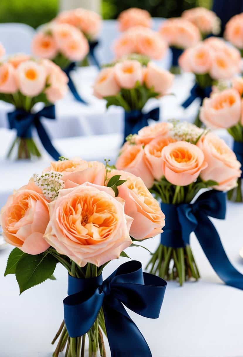 Peach bouquets tied with navy ribbons arranged in a wedding setting