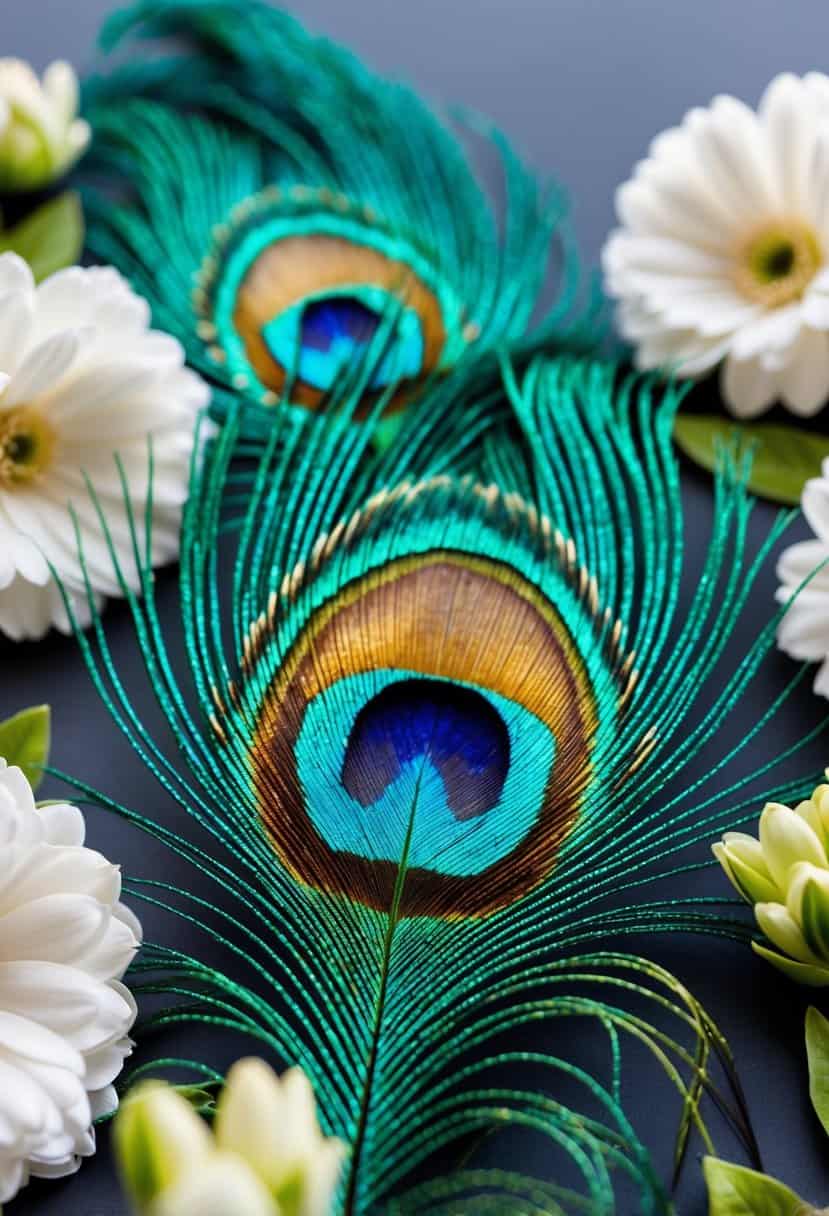 A teal blue peacock feather with gold accents, surrounded by elegant floral elements