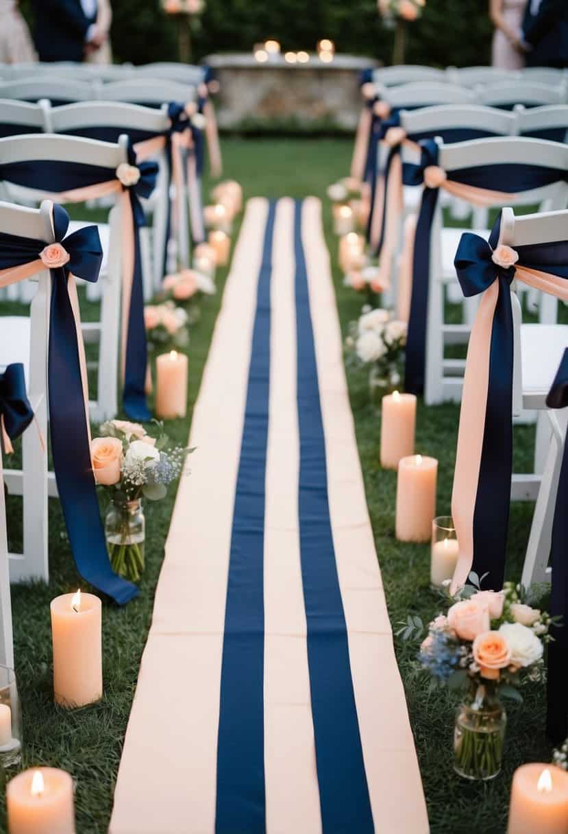 Aisle adorned with navy and peach ribbons, flowers, and candles