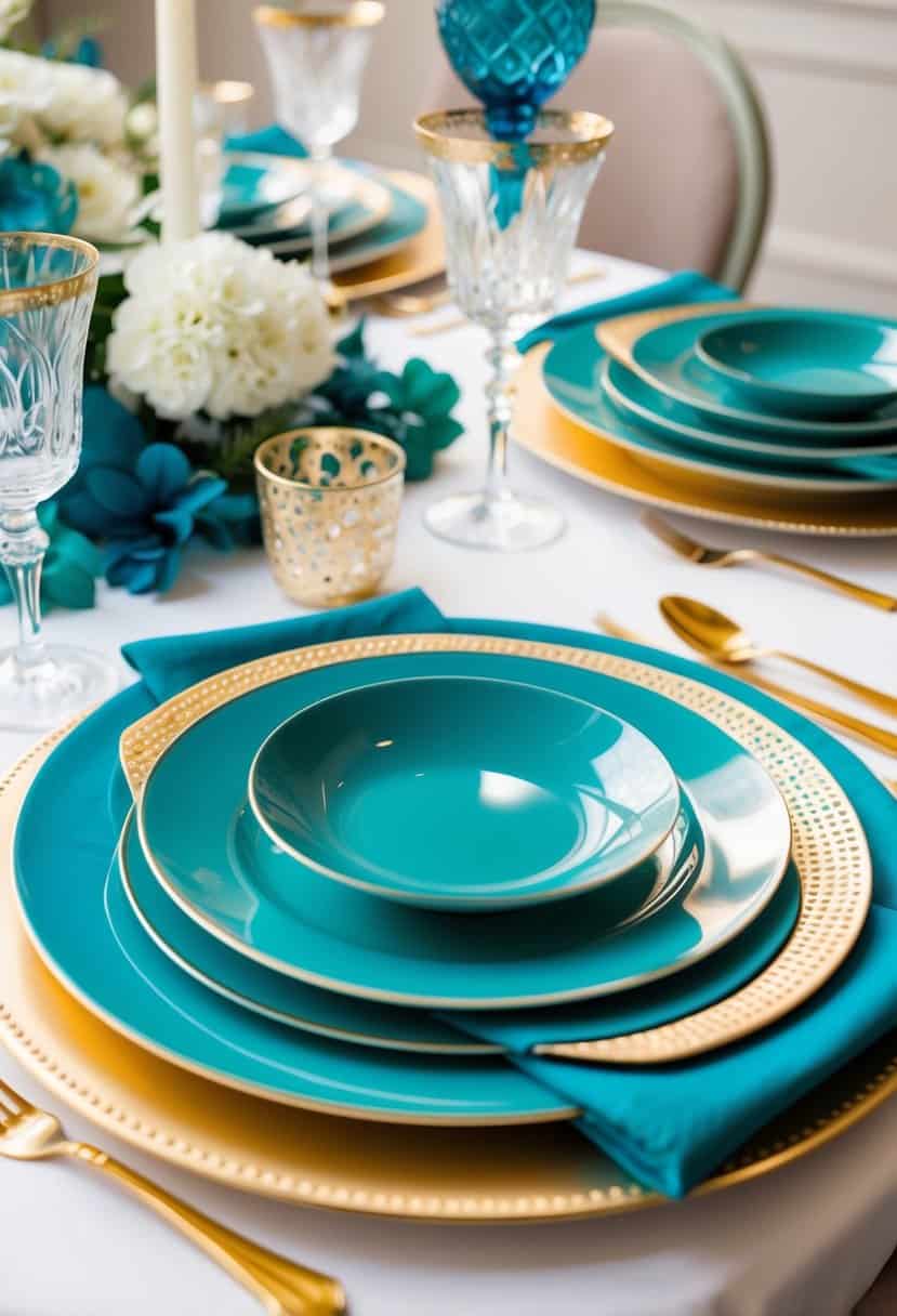 A table set with teal and gold dinnerware, elegant glassware, and decorative accents in teal blue, creating a sophisticated and luxurious wedding color scheme