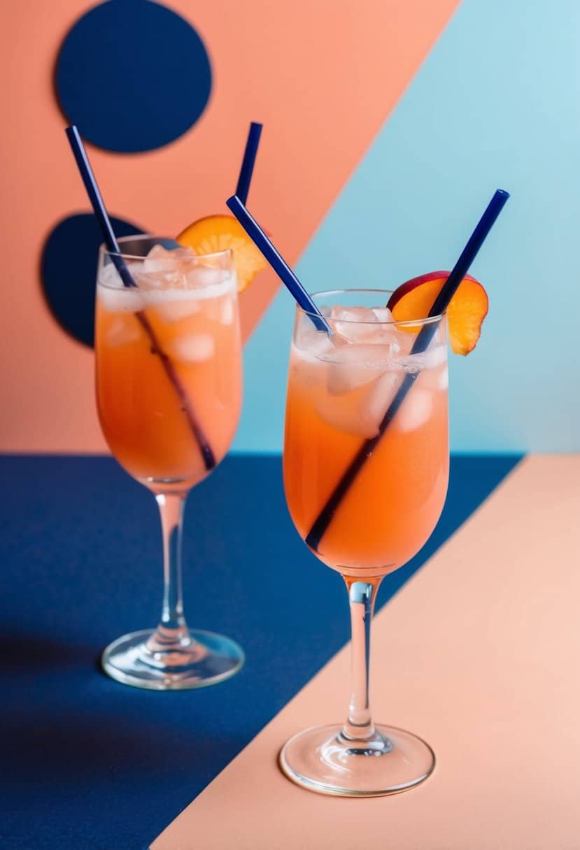 Two peach cocktails with navy straws on a peach and navy color palette background