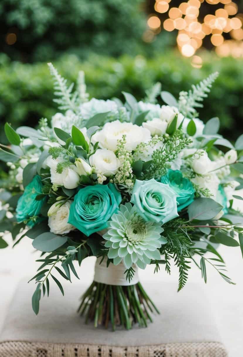 A lush bridal bouquet of mint and teal flowers with delicate greenery