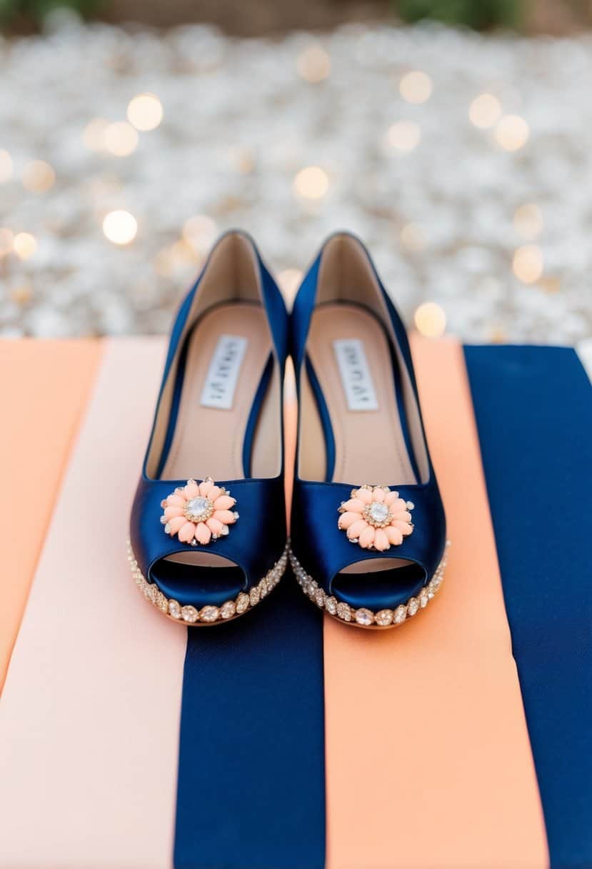 Navy blue shoes adorned with peach-colored embellishments sit on a peach and navy color palette for a wedding theme