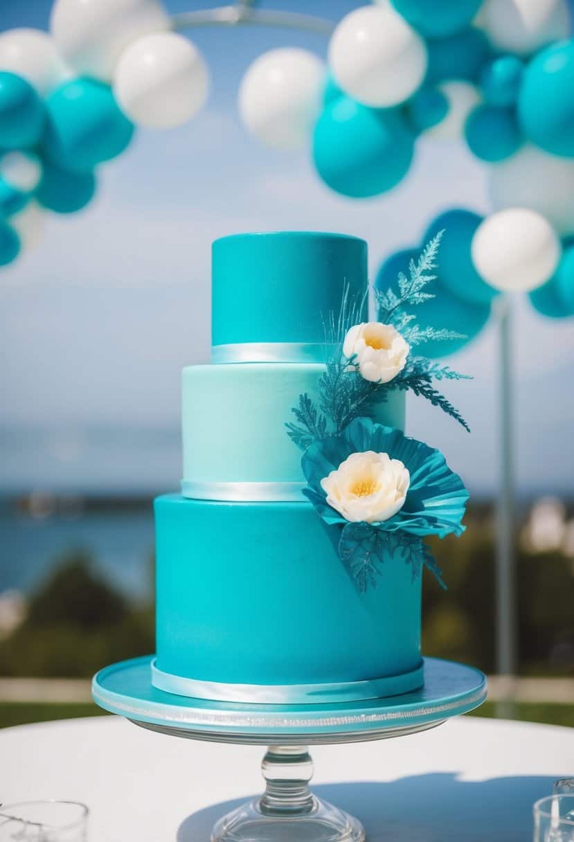 Aqua blue cake decorations arranged on a teal blue wedding cake