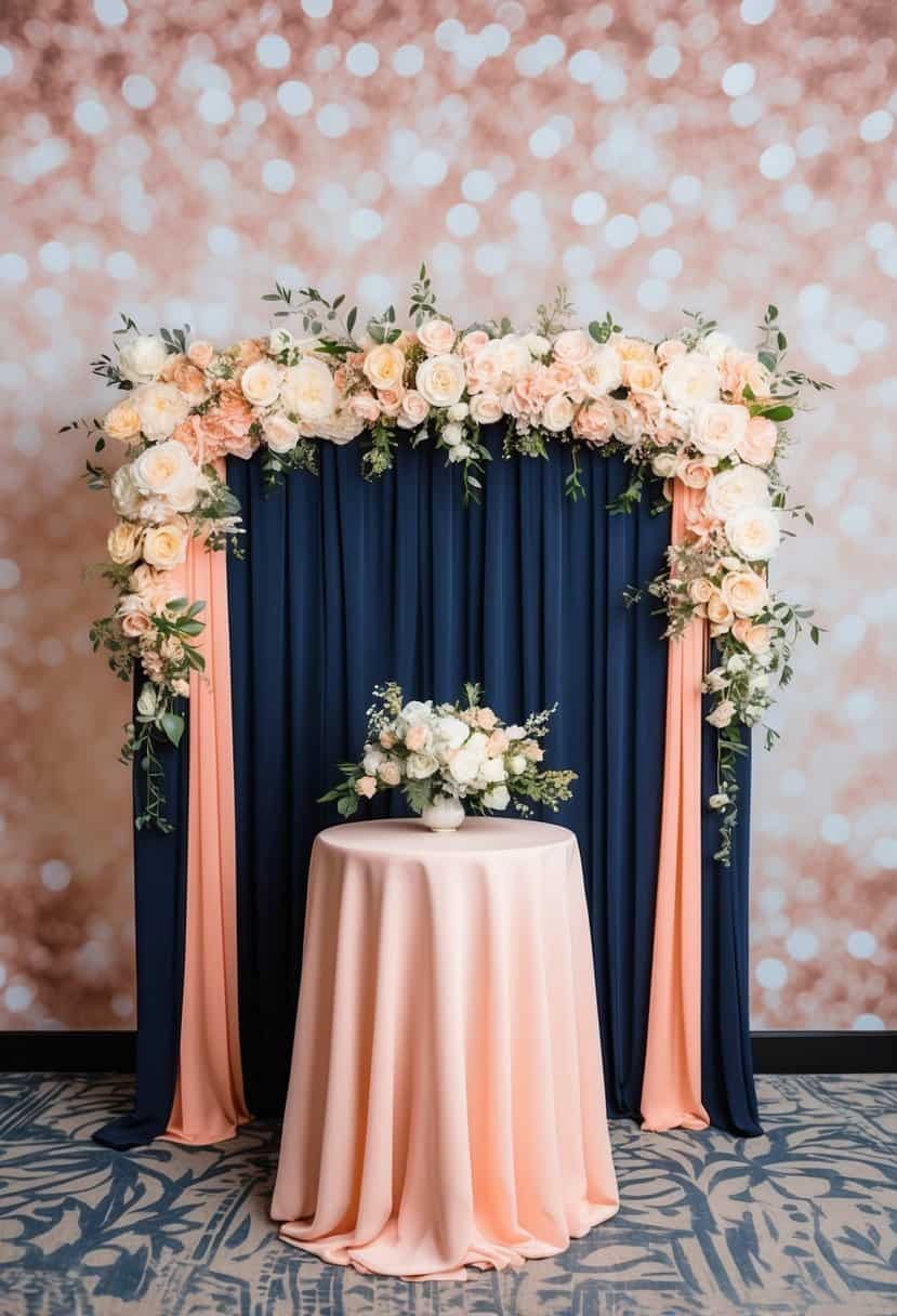 A peach and navy photo booth backdrop with elegant wedding decor and flowers