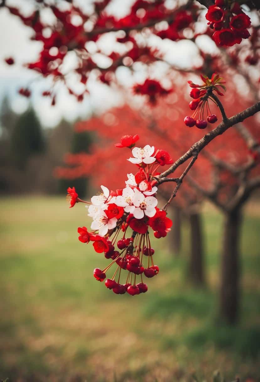 A rustic wedding scene with red cherry blossoms and rust-colored accents