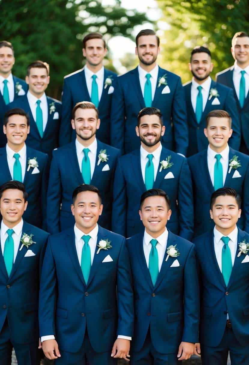 A group of navy suits with teal ties arranged in a stylish and elegant fashion for a wedding