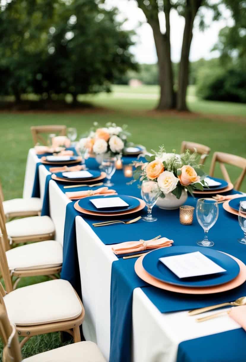 A navy blue table set with peach accents on a white tablecloth