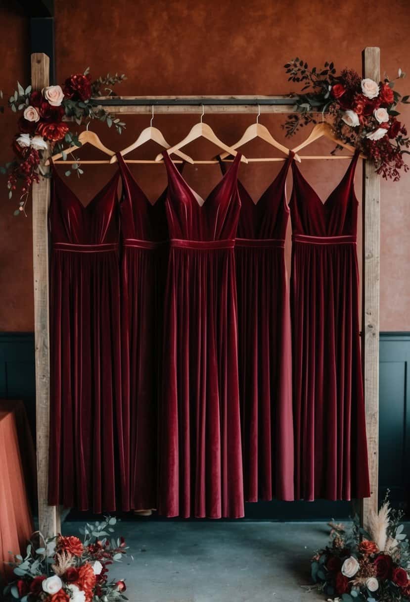 A group of burgundy velvet bridesmaid dresses hanging on a rustic wooden rack, surrounded by red and rust-colored wedding decor